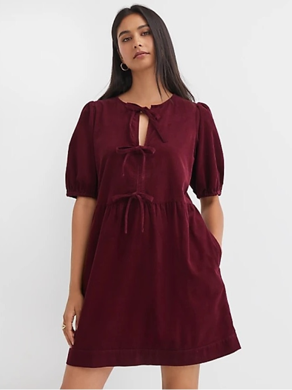 LOFT Corduroy Bow Tie-Front Mini Dress in Burgundy